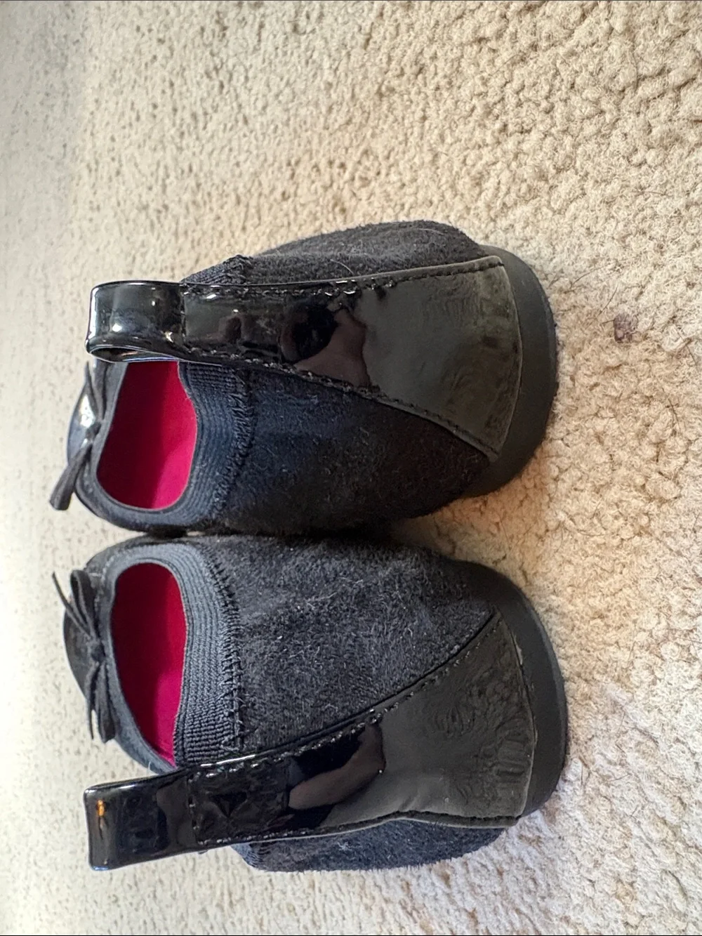 Black Kids Ballet Flats with Patent Toe and Pink Insole